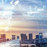 cityscape at bottom with tech overlay of sky