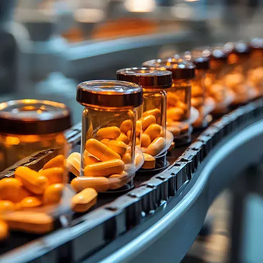 packaged pills on a conveyer belt